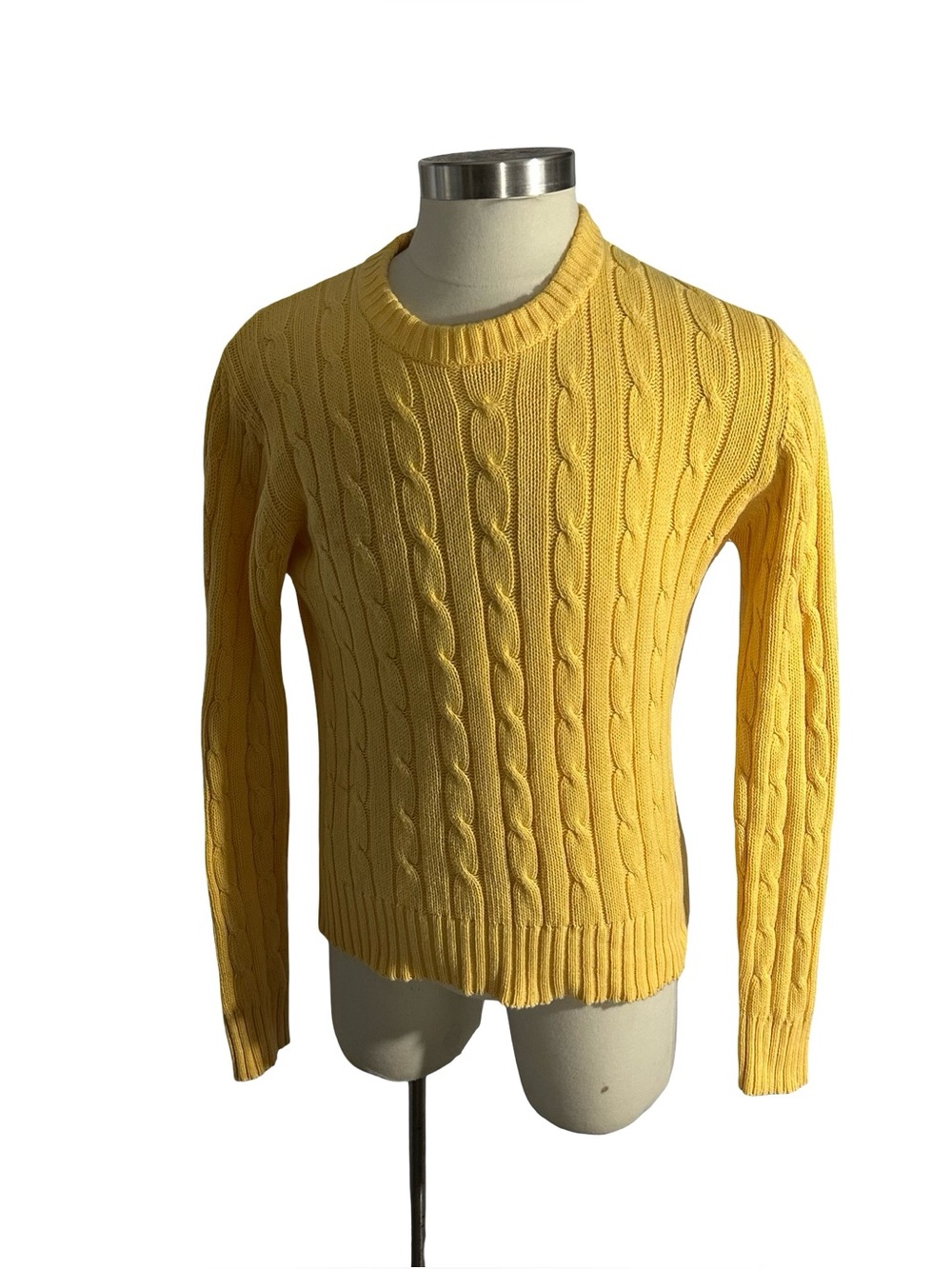 Vtg Mac Keen Yellow Cable Knit Crewneck Sweater Sz L Chunky Knit 100% Cotton
